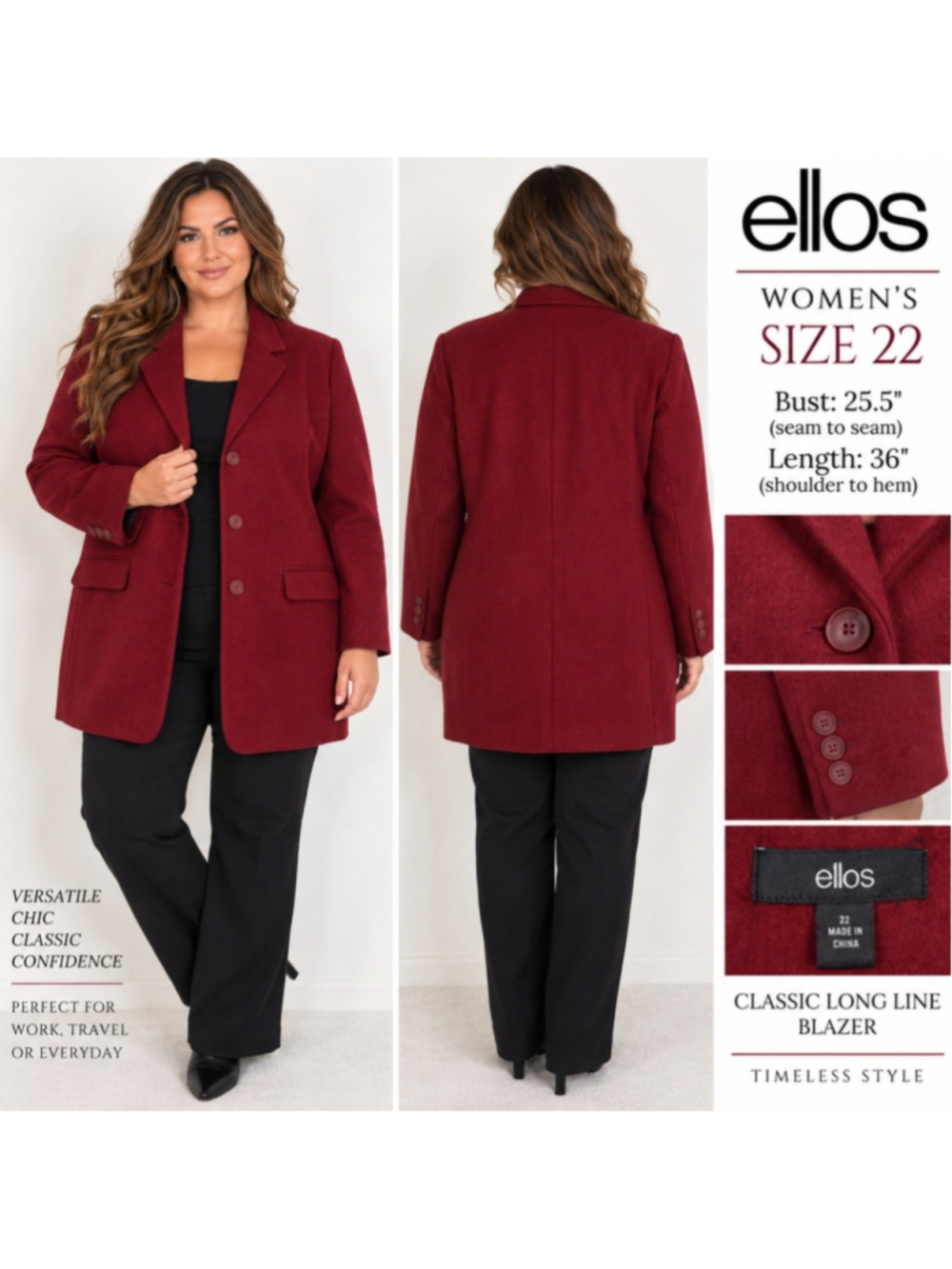 Ellos Red Burgundy Long Line Wool Blend Blazer Coat Size 22 Plus